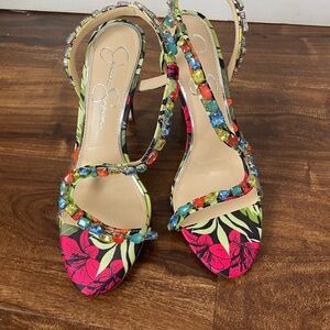 Jessica Simpson Multicolor Jeweled Floral High Heel Sandals